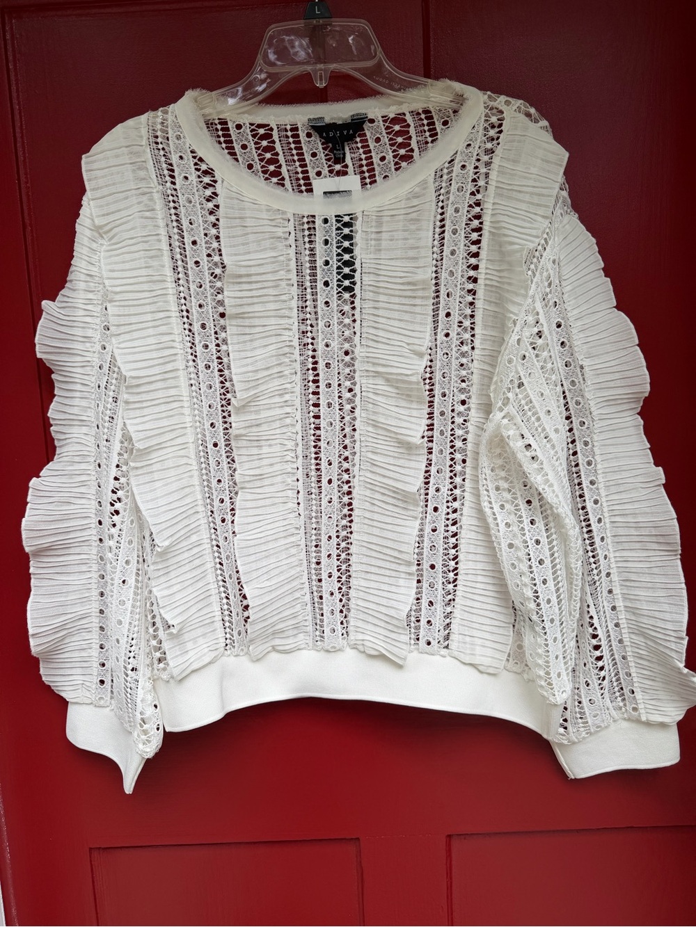 Adiva White Lace-Trim Ruffle Knit Long Sleeve Blouse